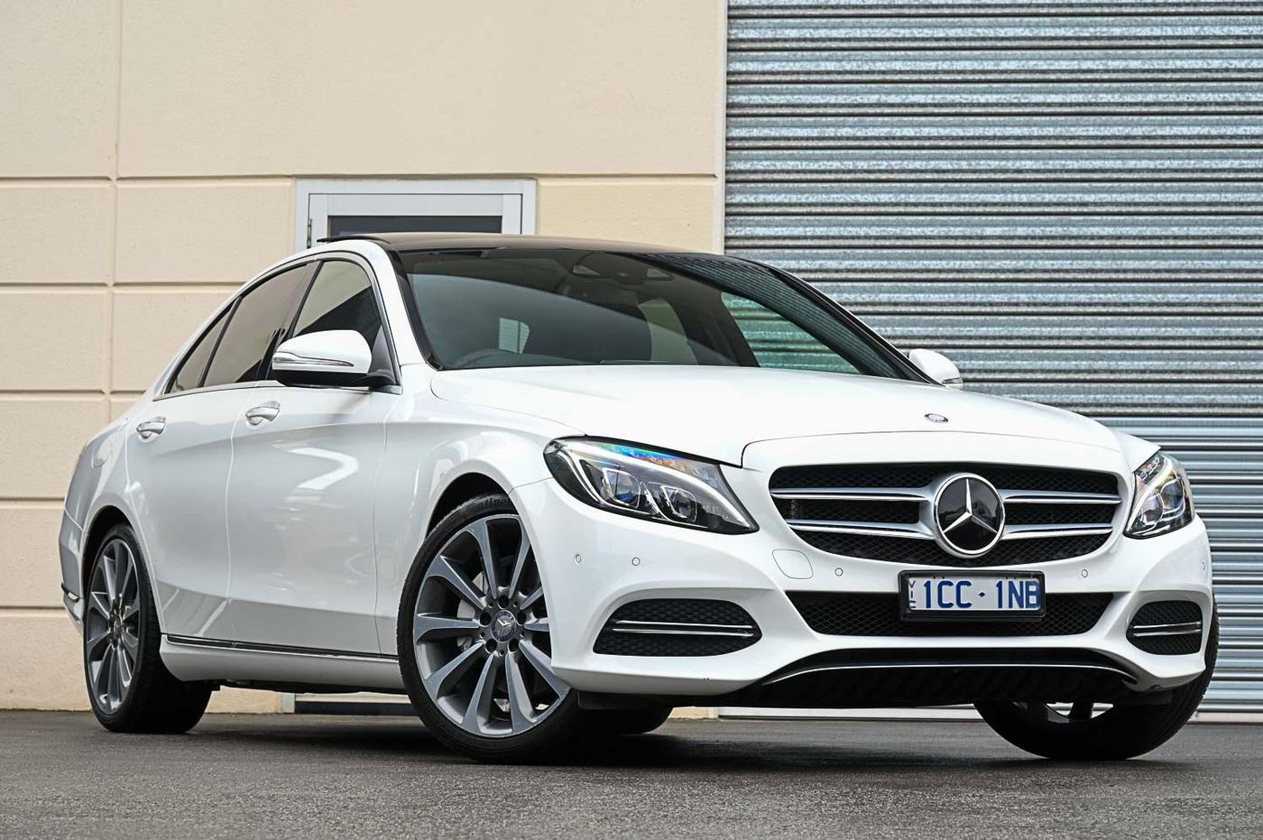Mercedes-Benz C 250 in white — front three-quarter view at the Ripper Cars showroom in Springvale