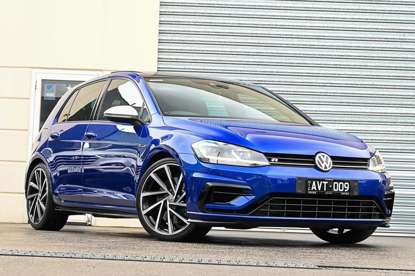 2018 Volkswagen Golf R in lapiz blue — front three-quarter view at the Ripper Cars showroom in Springvale