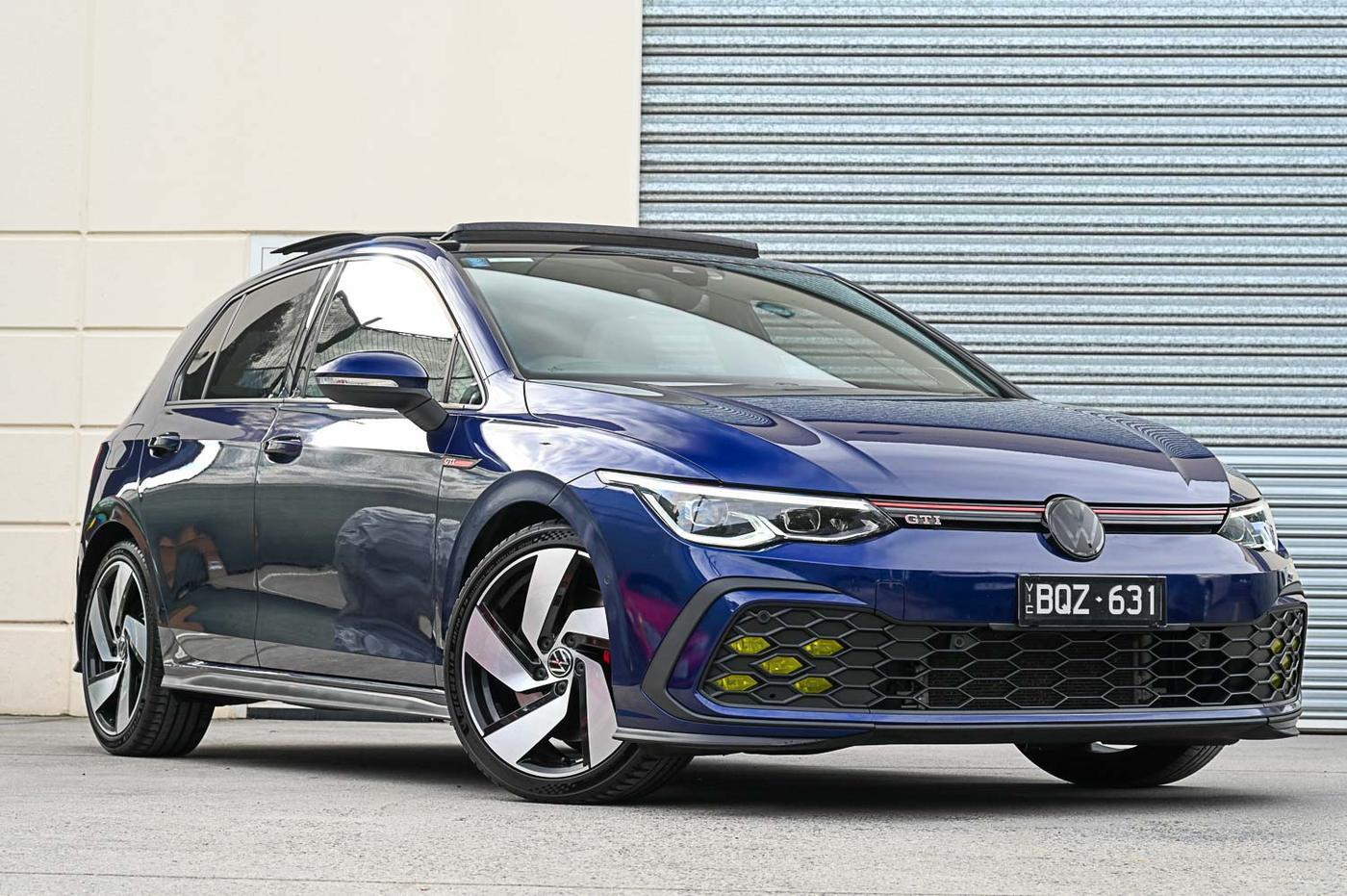 Volkswagen Golf GTI in atlantic blue — front three-quarter view at the Ripper Cars showroom in Springvale